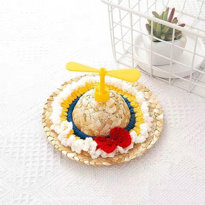 Straw Headwear with Propeller for Pets