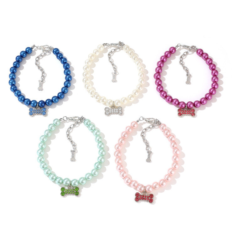 Pearl Beaded Rhinestone Bone Pet Collar