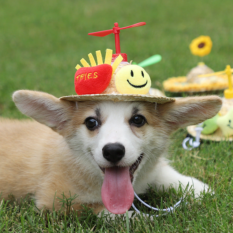 Straw Headwear with Propeller for Pets