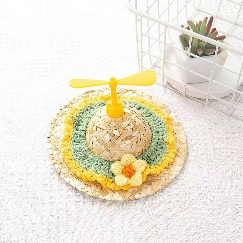 Straw Headwear with Propeller for Pets